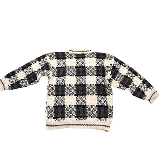 Vintage 90's Wool Chunky Pullover Plaid Sweater, Hand Knit, Cream Gray, XL - Picture 7 of 9